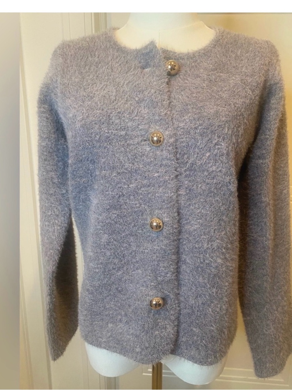 Women's Fuzzy Crewneck Button Cardigan - Cray